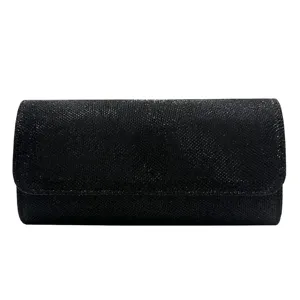 Elegant black glitter evening bag for women, stylish wedding party clutch with flap design.