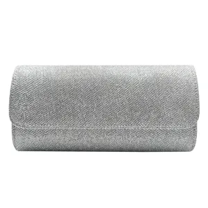 Silver glitter evening clutch bag for women, elegant wedding party bag with chain strap.