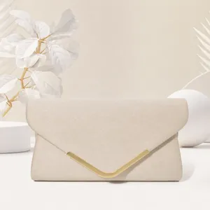 Elegant beige suede envelope clutch bag with metal V-shape accent for women evening party.