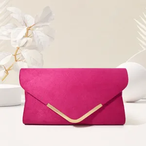 Pink suede envelope clutch bag with metal V-trim for women fashion evening party bags.