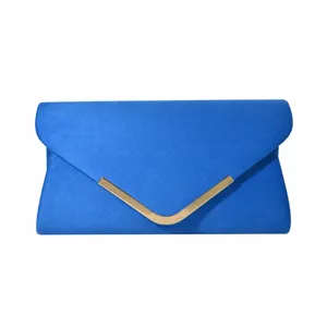 Blue suede envelope evening clutch bag for women with elegant metallic V-bar closure.
