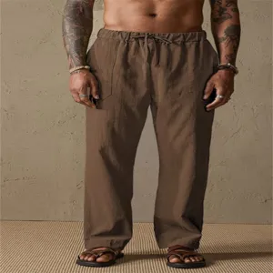 Men casual cotton linen solid color drawstring straight leg long pants for spring daily wear.