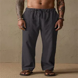 Men's loose casual cotton linen straight trousers in dark grey with comfortable drawstring waist.