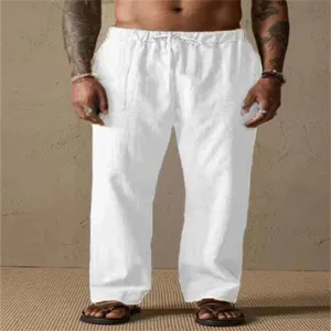 Detail view of men's white casual linen pants with comfortable drawstring waist and loose fit.