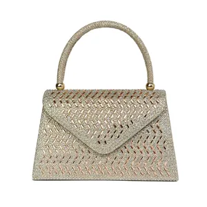 Sparkling rhinestone evening bag with single top handle, luxury glitter wedding party handbag.
