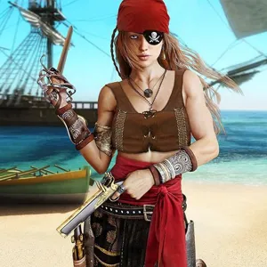 Vue du costume de pirate médiéval de la Renaissance en 3 pièces avec foulard, haut et ceinture.