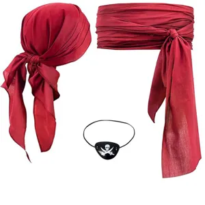 Ensemble foulard de pirate rouge, ceinture écharpe et cache-œil tête de mort cosplay.