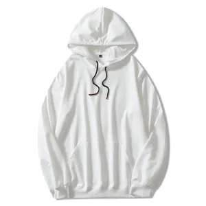 Plain white hooded sweatshirt detail view, casual long sleeve pullover with pocket for everyday.