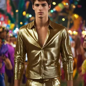 Men's Casual Long Sleeve Shirt Glossy Metallic Gold Turn-Down Collar Slim Fit Button-Down Top Business Party Clothing