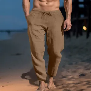 Herren Freizeit Leinenhose mit Kordelzug elastischer Bund Taschen fuer den Alltag.