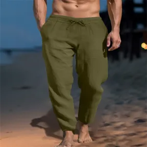 Herren Leinenhose Freizeit Kordelzug elastischer Bund einfarbig Strandhose Detailansicht