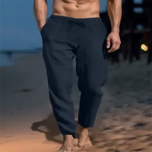 Detailansicht der lässigen dunkelblauen Leinenhose für Herren mit elastischem Kordelzug und.