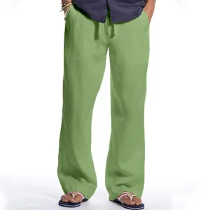 Men casual linen trousers detail showing breathable fabric, adjustable drawstring waist style.