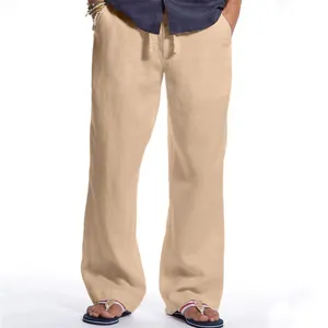 Men's casual linen trousers breathable loose fit drawstring long pants for spring daily wear.