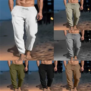 Herren Leinenhosen Einfarbig Kordelzug Elastischer Bund Freizeithose Sommer Strandhose neu