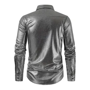 Men's silver metallic long sleeve shirt slim fit casual lapel dress shirt back view
