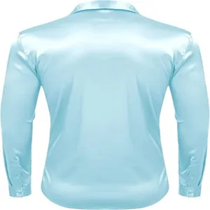 Detailansicht des hellblauen Herren Satin Langarmhemds, eleganter Disco Stil Business Top.