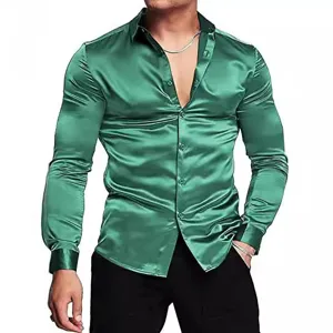Herren Freizeit Langarm Satin Hemd im Vintage 70er Jahre Disco Stil mit glänzender Oberfläche und klassischem Umlegekragen für Partys