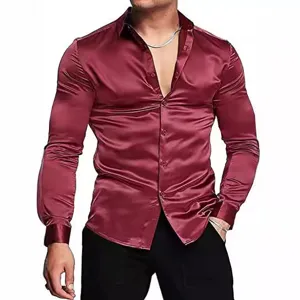 Herren glänzendes Satin Langarmhemd, Vintage Disco Stil Knopfleiste Party Oberteil.