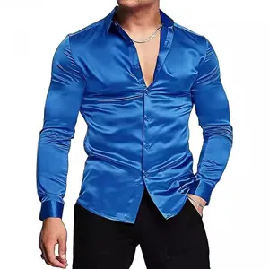 Glänzendes Herren Satin Langarmhemd, Retro Disco Stil Button Down Oberteil für Freizeit.