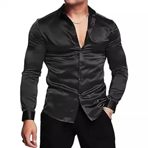 Herren Schwarzes Satin Langarm Hemd Klassisch 70er Jahre Disco Freizeithemd Top.