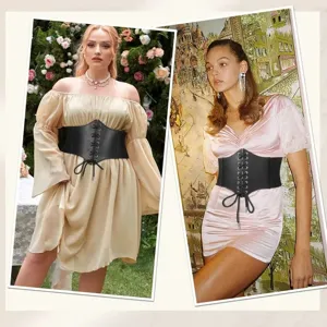 Detail view of medieval vintage women black wide corset belt, lace up waist cincher accessory.