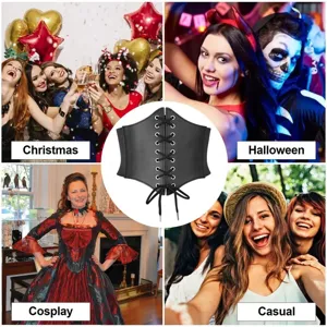 Detail view of the medieval vintage black wide lace-up corset belt for stylish outfits.