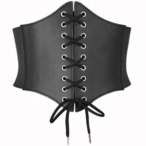 Medieval gothic wide corset belt detail, black PU leather lace-up design with metal eyelets.