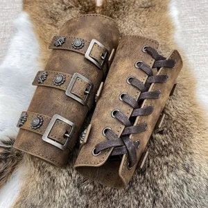 Medieval retro leather bracers arm guards with metal buckles for cosplay stage costume.