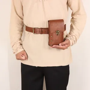 Medieval vintage brown leather waist pouch and belt set for Renaissance costume and cosplay parties.
