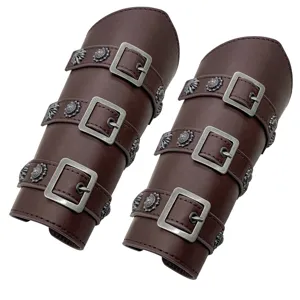 Medieval vintage knight leather bracers with metal buckles, ideal for cosplay.