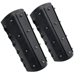 Medieval gothic black leather bracers with metal studs and lace-up design for cosplay.