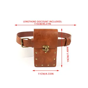 Medieval retro PU leather waist belt with small pouch detail, vintage brown fashion accessory.