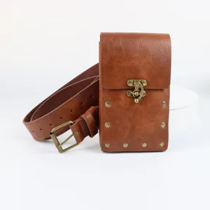Retro medieval brown leather waist bag and belt set with vintage metal hardware decorations.