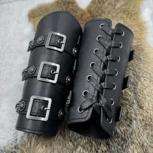 Medieval gothic black leather arm guards with metal buckles and lace-up cosplay bracers.