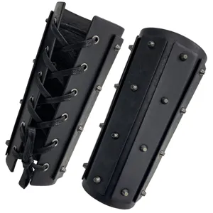 Medieval punk black leather bracers with metal spikes and lace-up design for cosplay.