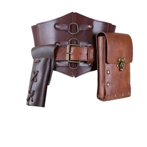 Medieval retro PU leather corset belt with holster and pouch for cosplay and fashion.