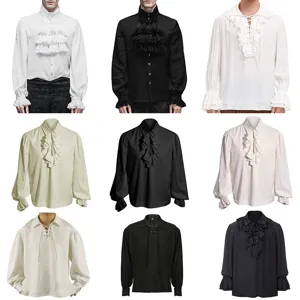 Men Women Medieval Renaissance Pirate Shirt Vintage Long Sleeve Lace Up Stand Collar Cosplay Costume Top