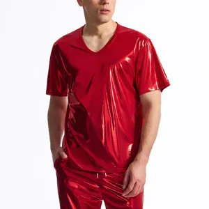 Maglietta uomo lucida metallizzata scollo V maniche corte stile disco festa top moda comoda