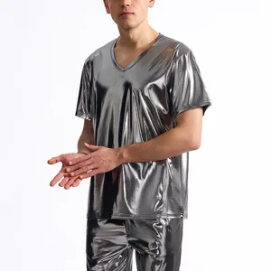 Maglietta uomo metallizzata lucida con scollo a V maniche corte top moda disco party
