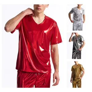 Set Top e Pantaloni a Maniche Corte con Scollo a V Lucido Metallizzato da Uomo Costume per Festa Disco e Scena