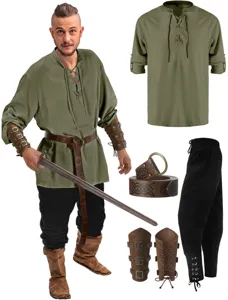 Conjunto de disfraz de pirata medieval renacentista para hombre con camisa y cinturón.