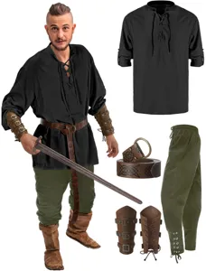 Conjunto de disfraz medieval renacentista para hombre con camisa de cordones, pantalón.