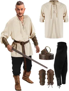 Disfraz de Pirata Renacentista Medieval para Hombre Top y Pantalón Halloween Vintage Camisa Pantalón Cinturón Pulseras Conjunto Cosplay