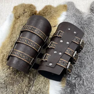 Medieval retro leather bracers knight arm guards adjustable straps cosplay costume props.