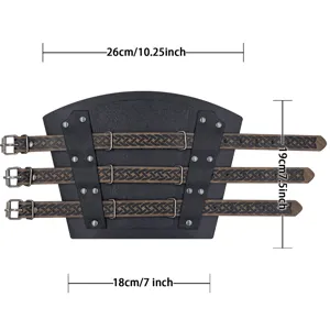 Medieval leather bracer detail showing adjustable triple straps and precise product dimensions.