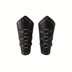 Polsini larghi in pelle stile punk medievale con borchie metalliche e anelli, nero.