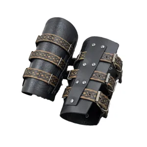 Medieval leather bracers arm guards for cosplay, retro knight wrist bands with metal buckles.