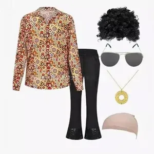 70s disco hippy costume set featuring retro print shirt, flared pants, afro wig and accessories.