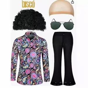 Disco costume set details including afro wig, patterned shirt, bell-bottom pants, and necklace.